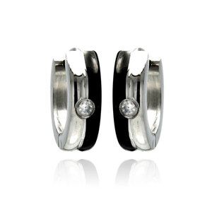 Stainless Steel Rhodium Plated Black Enamel Single Clear CZ Hoop Huggie Earrings